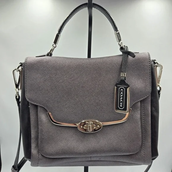 NEW COACH Madison Sadie Flap Saffiano Leather Satchel Gray Metallic + Red F26274 - Picture 1 of 16